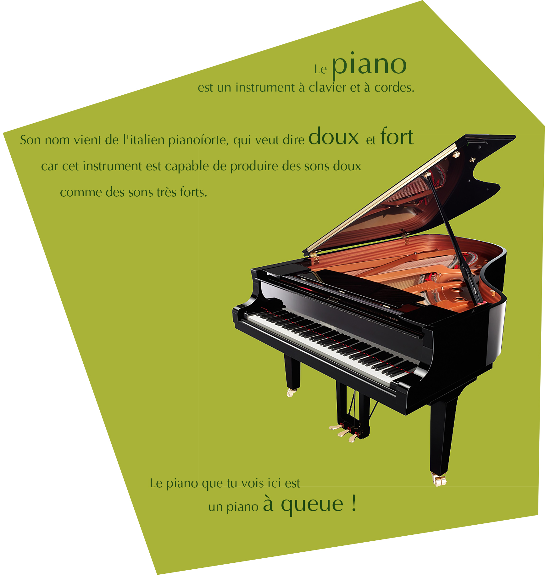 Le piano est un instrument à clavier et à cordes. Son nom vient de l'italien pianoforte, qui veut dire doux et fort, car cet instrument est capable de produire des sons doux comme des sons très forts. Le piano que tu vois ici est un piano à queue !